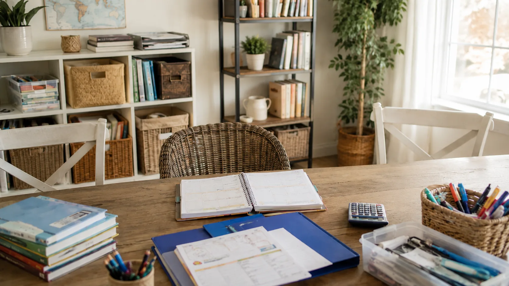 A calm homeschool workspace with books, planners, supplies, and organized learning materials