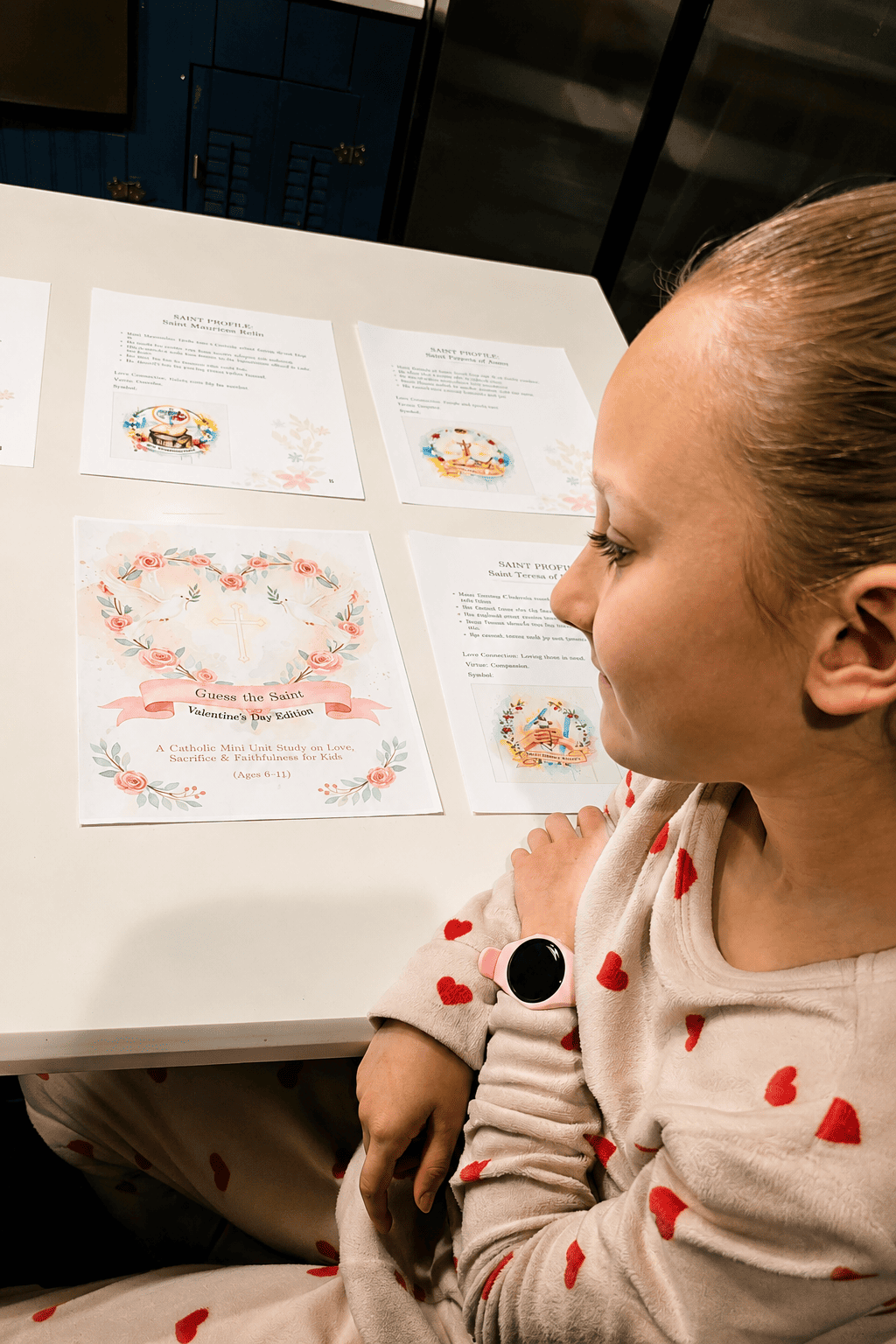 Child looking at homeschool study pages at the kitchen table