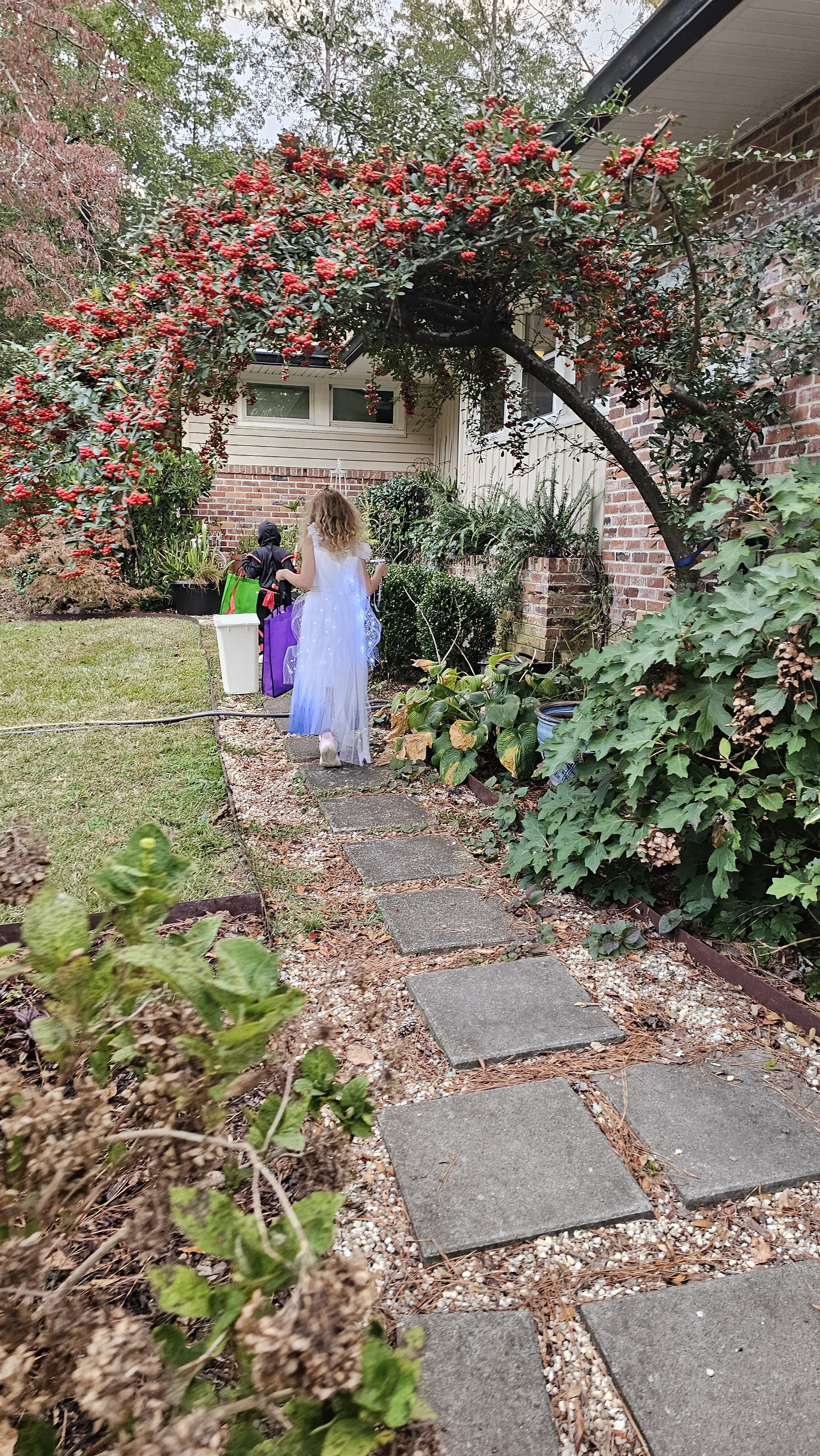 Children walking together through a neighborhood during an October family outing