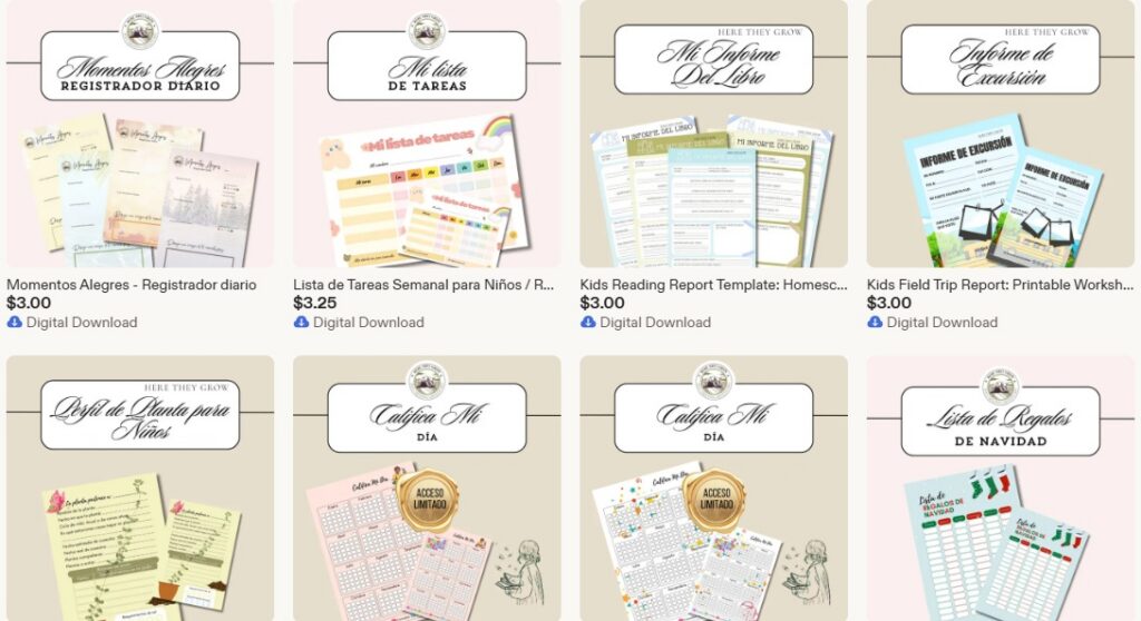 Printable Spanish activities and homeschool resources available in the Here They Grow Etsy shop